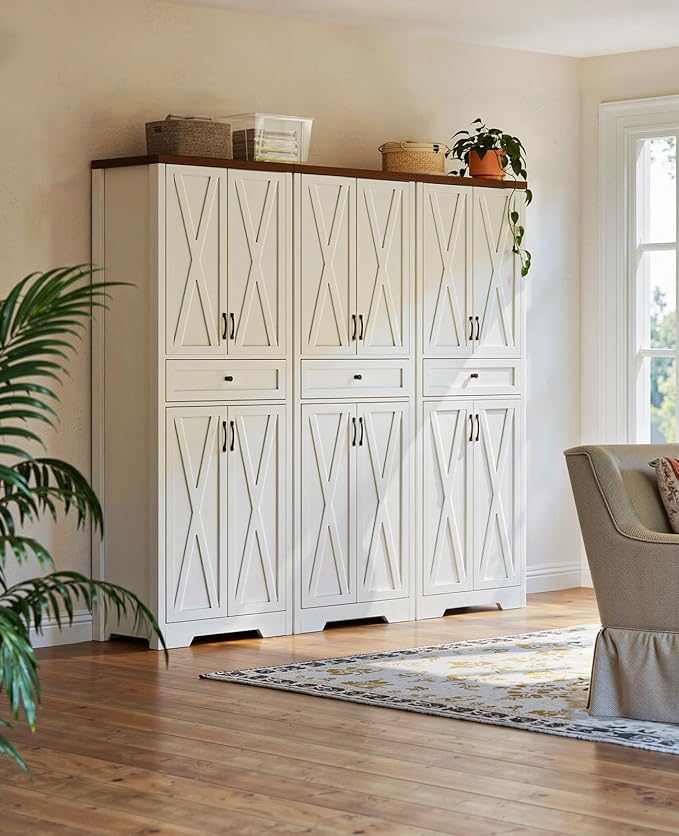 Lyromix 68'' Farmhouse Kitchen Pantry Cabinet with Adjustable Shelves, Tall Storage Cabinet with Barn Doors, Freestanding Versatile Cupboard for Dining Room, White+Walnut