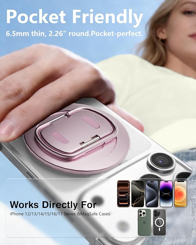 SEMBO Magnetic Phone Ring Holder with Kickstand for MagSafe, Two-Sided Magnet, 360° Rotation Comfortable Flip Out Silicone Plate Finger Grip Gym Accessories for iPhone 17 Pro Max 16 15 14 13(RoseGold)