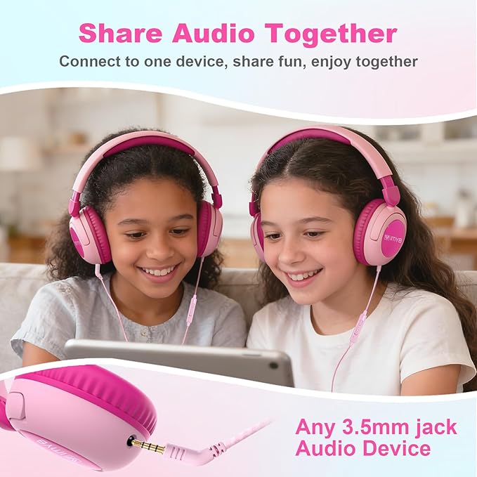 V8 Kids Headphones Wired with Mic for Toddlers, 85/94dB Safe Volume Limit, Foldable Portable Headphones for School & Travel, 3.5mm Port, Stereo Sound for iPad Tablet Kindle Computer (Pink)