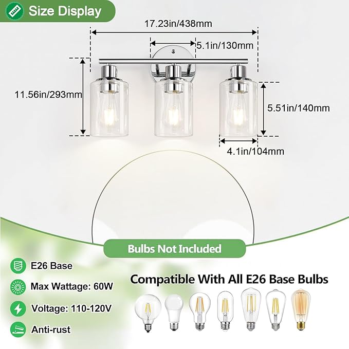 3-Light Bathroom Light Fixtures, Chrome Bathroom Wall Light with Clear Glass Shade, Bathroom Wall Lamp for Mirror Kitchen Living Room Hallway Cabinet