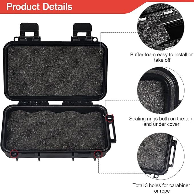 Dry Storage Box, Shockproof Waterproof Box with 2 U‑Shape Buckle, Plastic Storage Container for Cameras, Phones, Camping, Fishing, Hiking(Large-Black)