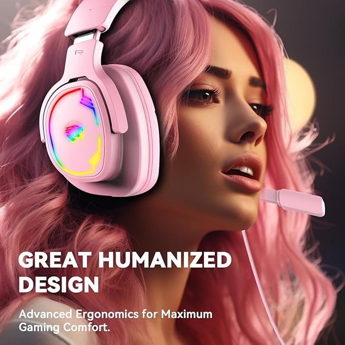 Gaming Headset for PC/PS4/PS5/Xbox One/Switch, Stereo Surround Sound Gaming Headphones with Noise Canceling Flexible Mic, Computer Headset with 3.5mm Jack & RGB Light (Pink)