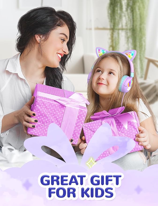 iClever Kids Headphones Cat Ear, LED Light Up, 85dBA Safe Volume, Stereo Sound Toddler Headphones for Travel School, Foldable 3.5mm Wired Kids Headphone for iPad Tablets, Meow Lollipop-Purple
