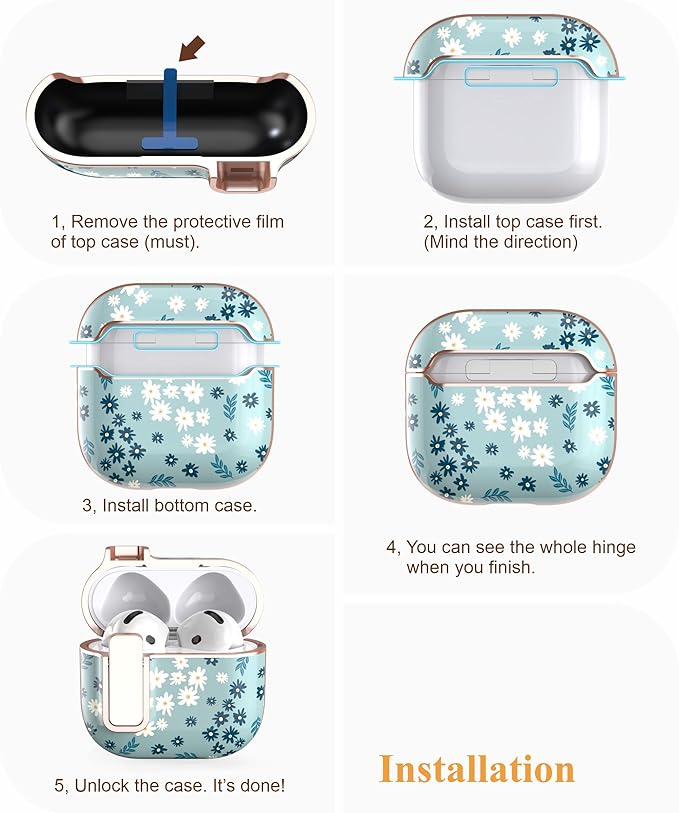 TATOFY Cover for AirPods Pro 4th Generation Case with Lock Clip Cleaner Kit Slim Hard AirPod 4 Lock Case Compatible with MagSafe (Cyan)