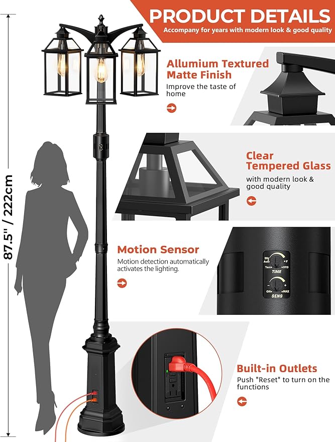 Outdoor Lamp Post Motion Sensor with Outlet, Dusk to Dawn Pole Lights 3-Head, Classic Black 360°Detection Waterproof Anti-Rust Aluminum Street Lighting for Yard Backyard Patio Driveway