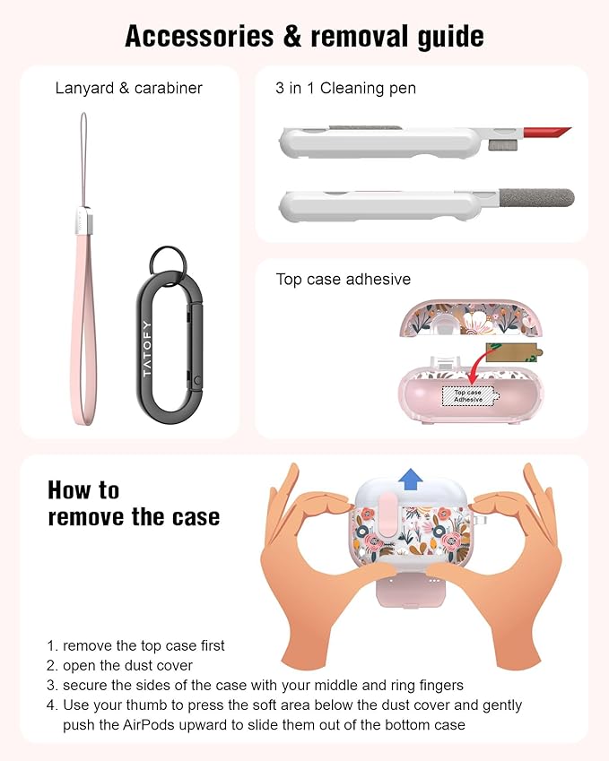 TATOFY for AirPod Pro 3 Case (2025) with Phone Stand Lanyard Lock Cleaning Kit, Compatible with Magsafe Flowers Hard AirPods Pro 3rd Generation Cover for Women (Pink, AirPods Pro 3)