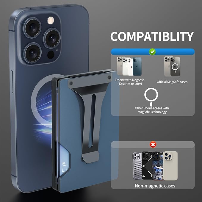 Magnetic Phone Wallet with Apple MagSafe - Metal Card Holder with AirTag Holder, RFID Blocking & Money Clip Mag Safe Wallet for iPhone 16 15 14 13 12 Pro Max/Pro/Plus/Mini