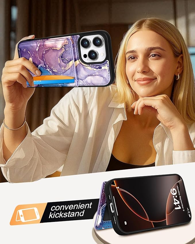 for iPhone 16 Pro Max Case with Wallet - Fits 4 Card Slots, Compatible with MagSafe for Women Aesthetic PU Leather Credit Card Holder Kickstand Phone Cover for Apple 16 Promax, Purple Marble