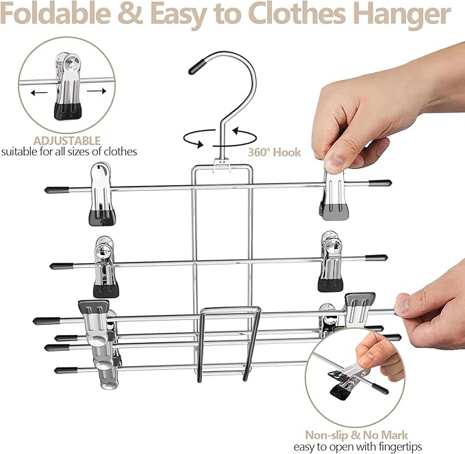 2Pack Pants & Skirt Hangers Space Saving Hanging Closet Organizer and Storage, Upgrade Skirt Hangers with Clips and 360° Swivel Hook -Closet Storage