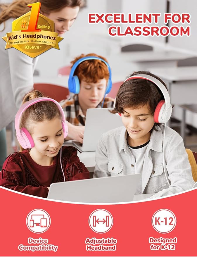 iClever Kids Headphones for School K-12, 85dBA Safe Volume, Tangle Free, 3.5mm Jack, HD Stereo, Swivel Foldable Kids Headphones with Cord for Classroom/Student/Tablets/Laptop, Bulk 5Pack