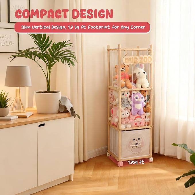 Stuffed Animal Storage with Removable Fabric Bins & Locking Wheels, 2-in-1 Wooden Toy Organizer and Display Shelf - Space-Saving for Playroom, Bedroom, Nursery