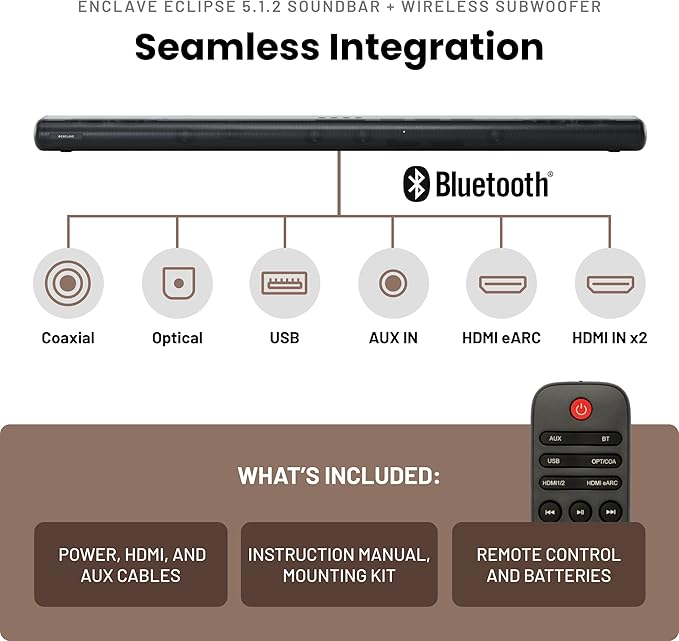 Enclave Eclipse 5.1.2 Dolby Atmos Soundbar with 8” Wireless Subwoofer - Includes 11 Custom Drivers & 8-Inch Subwoofer for Multidimensional Spatial Sound