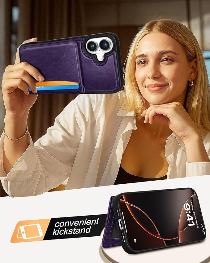 for iPhone 16 Plus Case with Wallet - Fits 4 Card Slots, Compatible with MagSafe for Women Aesthetic Durable PU Leather Credit Card Holder Kickstand Phone Cover for Apple 16 Plus, Purple