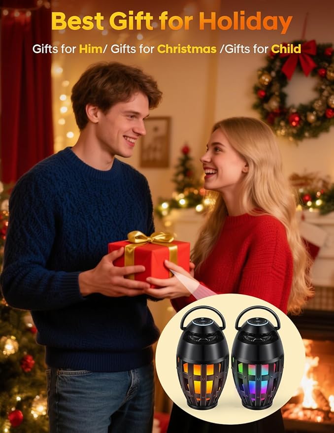 Outdoor Bluetooth Speakers with LED Flame Effect & Color Changing, IPX6 Waterproof, Bluetooth 5.3, USB Charging, Gifts for Men/Women, Torch Atmosphere Speaker for Patio/Garden/Party/Camping(2 Pack)