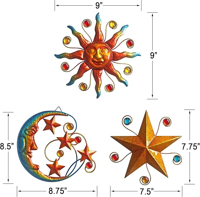 Limygus Metal Wall Art Sculpture, Set of 3 - Celestial Wall Decoration - Sun Moon Star Decorative Silhouette - Waterproof Wall Hanging Decor for Home Office, Bedroom, Bathroom, Living Room