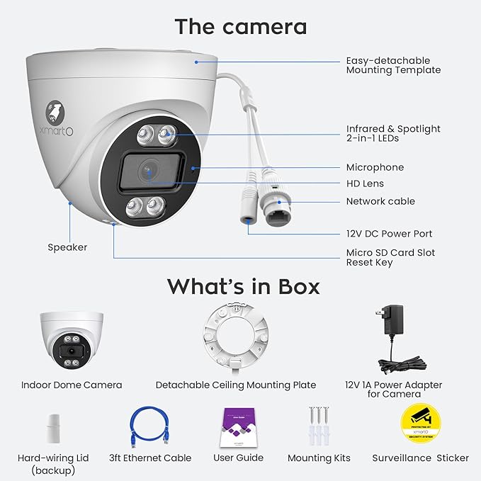 xmartO Indoor Wireless Camera for Home Security, 2K HD Dome Security Camera with 5G Dual Band WiFi 6, 2-Way Audio, SD Card Slot, IR and Color Night Vision, 24/7 Surveillance Camera, No Monthly Fee