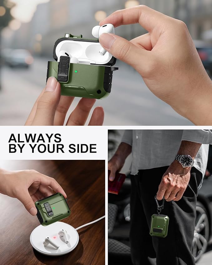 Lerobo for AirPods Pro 2 Case Cover, Hard Shockproof Cover with Phone Stand & Cleaning Kit Compatible with Magsafe, Magnetic Automatic Lock for AirPods Pro 1st & 2nd Generation Case, Army Green