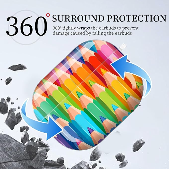 Case for AirPod Pro 3 Shock-Proof Protective Hard Case with Golden Keychain Compatible with Apple Airpods Pro 3rd Generation 2025 (Rainbow Pencil Pastel Vibes)