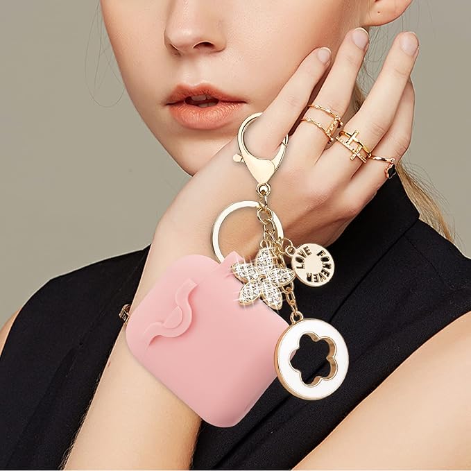 Secure Lock Silicone Case Compatible AirPods Case 1 & 2 with Bling Keychain, Soft Protective Earpod Case Cover Earbuds Cases Women Girls for Apple Air Pod 2 Case - Pink