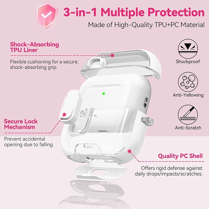 for Airpods Pro 3 Case 2025, Anti-Yellowing Clear Case for Airpods Pro 3 with Secure Lock & Phone Stand, Soft TPU Drop Protection Cover with Cleaning Kit (White)