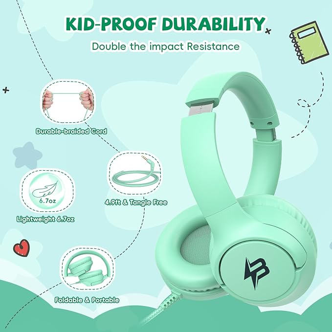 Kids Headphones Wired with Microphone, 85/94dB Volume Limit Headphones for Kids, Foldable 3.5mm Plug in Headphones Corded for Children/Toddler, School/Airplane Travel/Tablet/Kindle/Laptop, Green