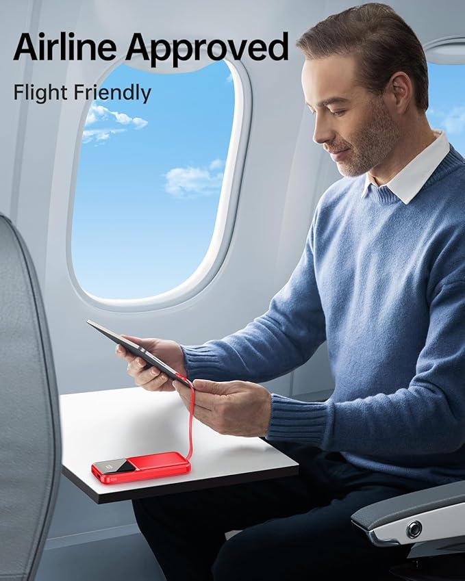 Portable Charger with Built in Cable - Power Bank Fast Charging USB C LED Display 10000mah Battery Pack 5 Outputs & 3 Inputs for Travel Essentials iPhone Samsung Android Phones Tablets Red