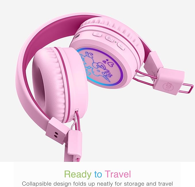 MEE Audio KidJamz KJ55BT Bluetooth Wireless Safe Listening Headphones for Children with LED Lights, 85dB Volume Limiter, Microphone, & 40h Battery; Kids Headset for School/iPhone/iPad/Tablet (Pink)