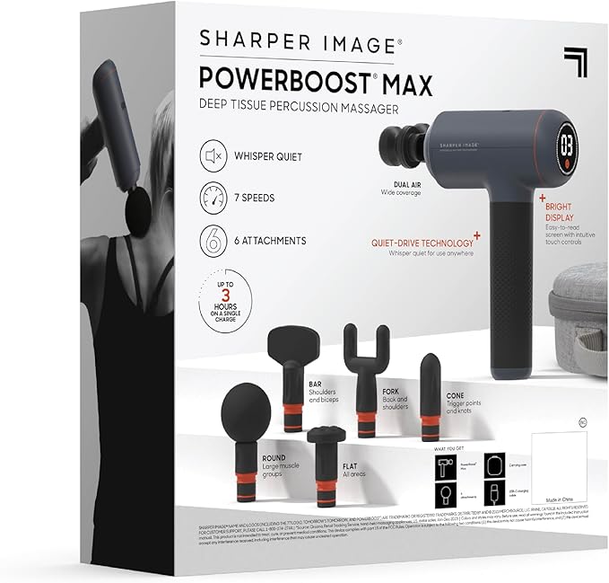 Sharper Image Deep Tissue Percussion Massage Gun, Powerboost Max Rechargeable Handheld Massager, 7 Adjustable Speeds, 6 Attachment Heads & Carrying Case, Full Body Muscle Pain Relief, Blue