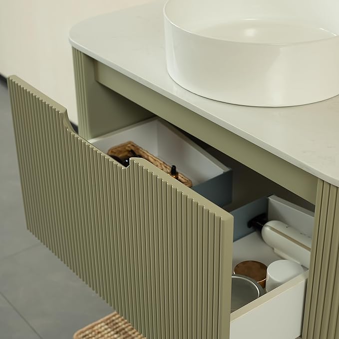 KEIKI 36" Bathroom Vanity Cabinet with Sink Combo, Wall Mounted Curved Edges Striped Floating Bathroom Vanity with Soft-Close Drawer, White Round Ceramic Basin Without Faucet, Light Green