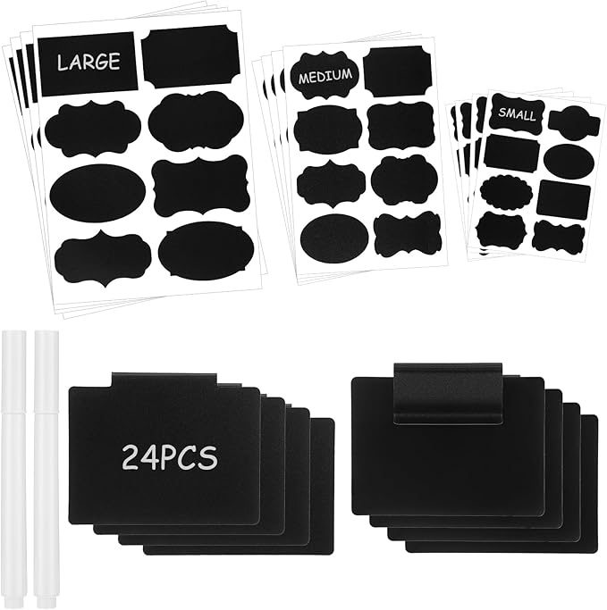 130 Pieces Basket Labels Clip Set for Storage Bins 24 Kitchen Basket Label Removable Clips, 104 Pantry Stickers and 2 Chalk Mark for Organizing Containers Drawers Baskets