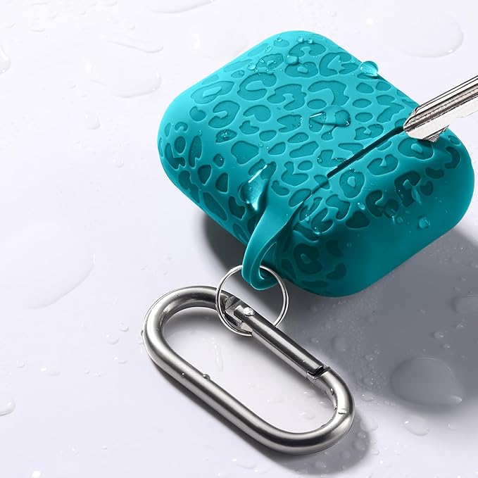 Leropard Engraved for AirPods Case Cover, Cute Soft Silicone Protector with Keychain Compatible with Airpods 2nd/1st Generation,Front LED Visible,Teal