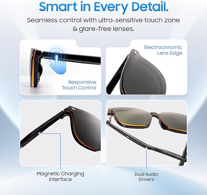 LIMU Gen 5 Smart Glasses. Al Glasses with Real-Time Al Interpreter Open-Ear Bluetooth Glasses with Speakers. Hall-Sensor Auto On/Off, Magnetic Lenses (Black & Yellow, TRGO Frame for Women & Men