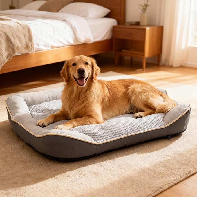Waterproof Orthopedic Dog Bed for Large Dogs - Cooling PU Fabric, Removable Washable Cover, Medium-Size Pet Bed for Dogs & Crate Use