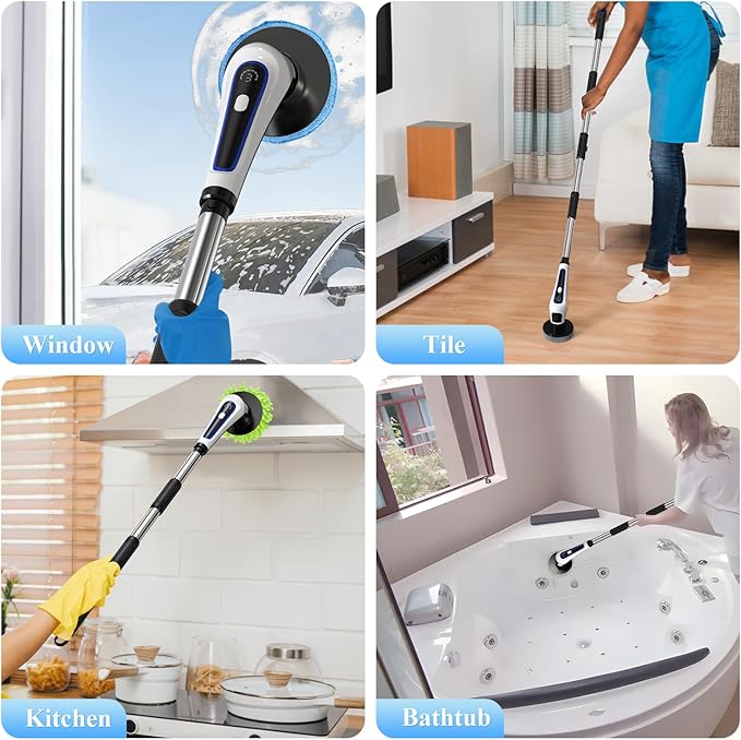 Electric Spin Scrubber,IPX7 Waterproof Cordless Cleaning Brush, Bathroom Scrubber with Adjustable Handle and 9 Replaceable Brush Heads,3-speeds,Electric Rotary Scrubber for Bathroom,Tub,Tile