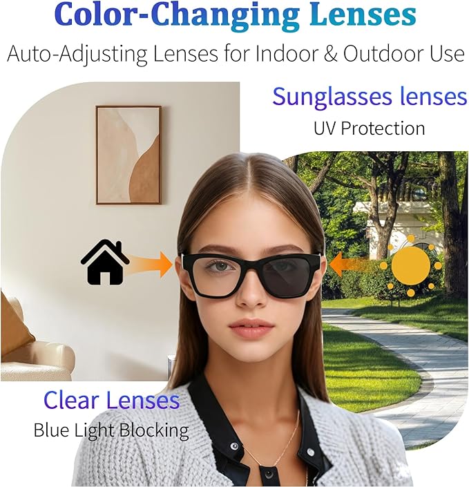 AI Smart Glasses for Men & Women – ChatGPT-Powered, 164 Languages Translation, Bluetooth, Photochromic Lenses, Hands-Free Calls, UV & Blue Light Protection