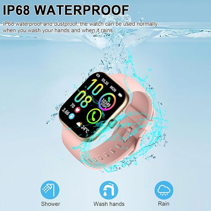 Smart Watch (Answer/Make Calls), 1.96"HD Smartwatch for Women Men, 2025 Activity Tracker with Heart Rate Monitor, Sleep Trackers, Pedometer, IP68 Waterproof, Fitness Watch for Android iOS Pink