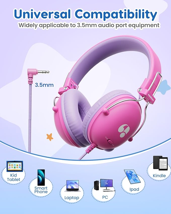Kids Headphones, 74/85dB Safe Volume Limit, Stereo Sound, Wired On-Ear Headphones for Kids Boys Girls, 3.5mm Jack for Tablet, iPad, Kindle, YOTO Player, Airplane Travel, Pink