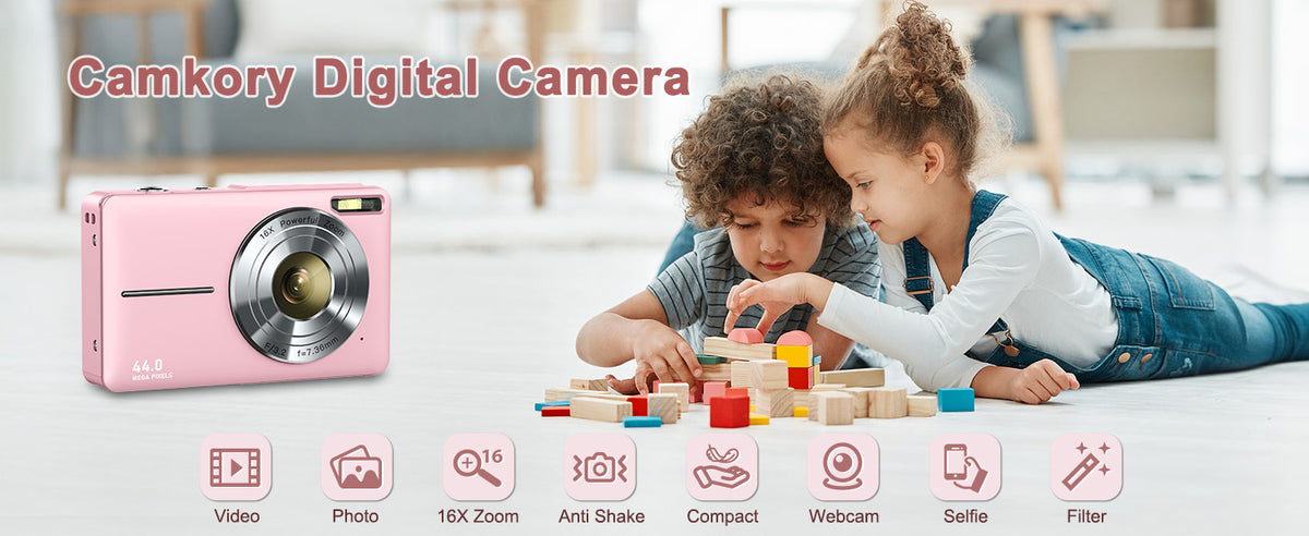 Digital Camera 1080P with 32G Card 16X Zoom & Flash Compact for Kid, White