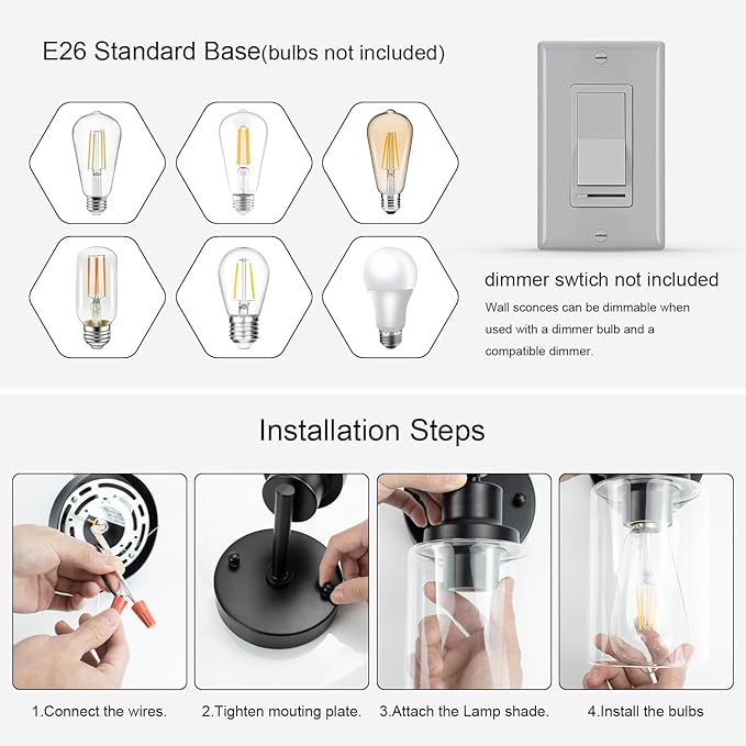 GORDNWE Set of 2 Bathroom Wall Sconce, Matte Black Vanity Light, Modern Wall Light Fixture with Clear Glass Shade and E26 Bulb Base, Wall Lamp Wall Mount Light Fixtures for Mirror, Bedroom