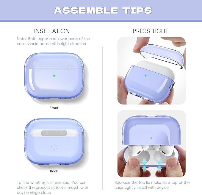 for Airpods Pro 2nd/1st Generation Case Cover, Compatible with Airpods Pro Case 2nd Gen USB C Charging Port, Clear Soft Transparent Military Grade Shockproof Case, Clear Purple