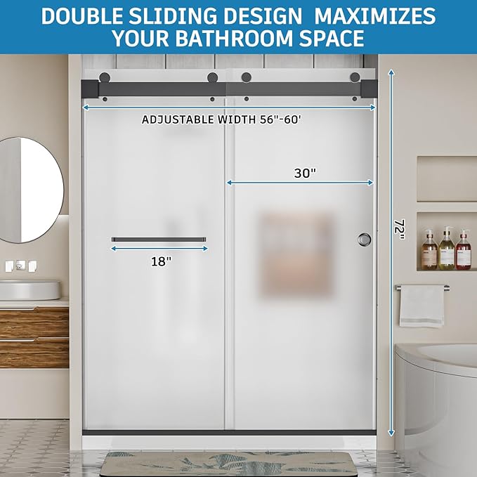 Frameless Shower Door, 56-60" W x 78" H 3/8" (10mm) Thick Tempered Frosted Glass Shower Door with Explosion-Proof Film Nano Coating, Double Sliding Doors for Walk in Shower, Stainless Steel Hardware