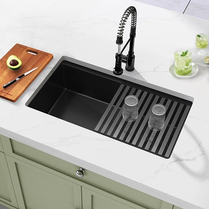 Black Undermount Kitchen Sink,16 Gauge Stainless Steel Sinks,Single Bowl Workstation Sink,Modern Kitchen Sink Offset Drain (28" X 18")