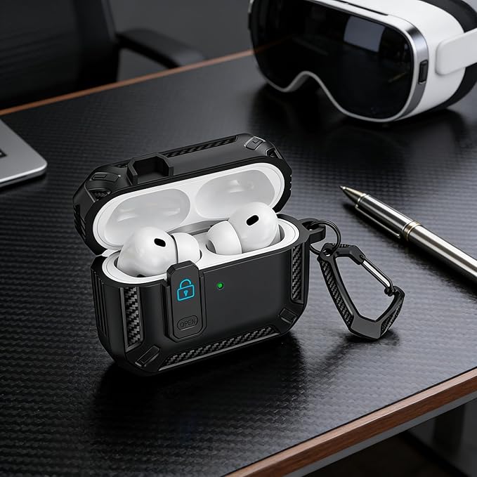 for AirPods 4 Case 2024 with Secure Lock Clip - Military-Grade Drop Protection AirPods 4th Generation Case, Carbon Fiber Shockproof Cover, Automatic Pop-up & Carabiner Hook, Black