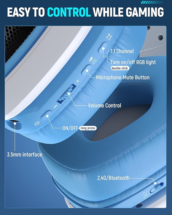 Tatybo Wireless Gaming Headset for PC, Ps5, Ps4, 2.4 Ghz USB & Type-C Gaming Headphones with Microphone, 30H Battery Bluetooth Headphones for Switch, Laptop, Mobile, Mac (Blue White)