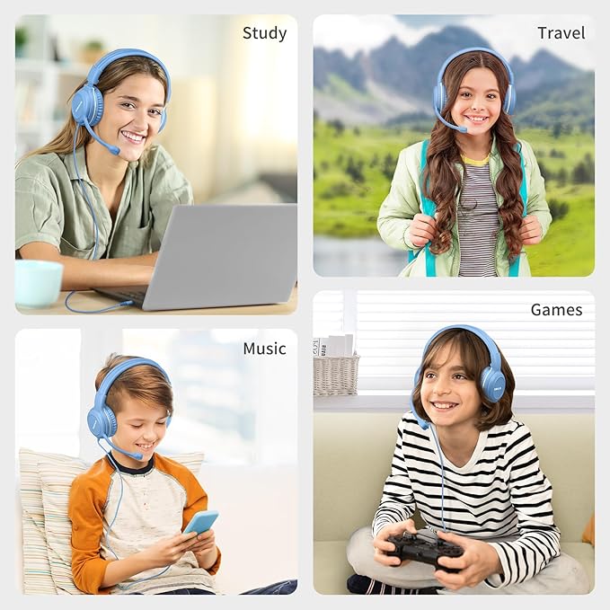 SIMOLIO Kids Headphones Wired with Flexible Rotatable Microphone for Virtual School & Gaming, Safe Volume Cord Headphone for Boys, Teens, Children, Durable Lightweight Folding Headset for PC, Xbox