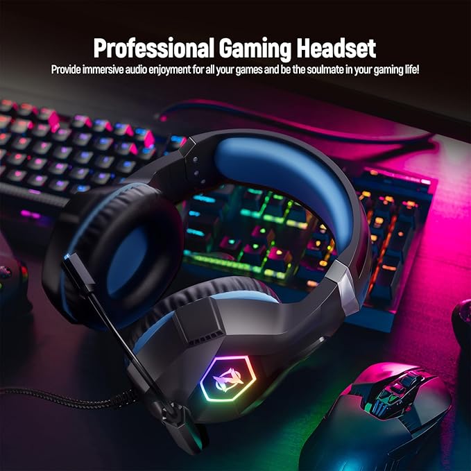 Ozeino Gaming Headset for PC, Ps4, Ps5, Xbox Headset with 7.1 Surround Sound, Gaming Headphones with Noise Cancelling Mic RGB Light Over Ear Headphones for Xbox Series X/S, Switch-Blue