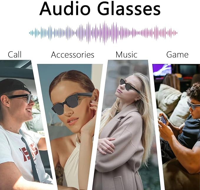 Smart Audio Glasses Open Ear Bluetooth Glasses Wireless Music and Calls Type C Fast Charging Physical Button Control Ultra Lightweight Unisex (Black)