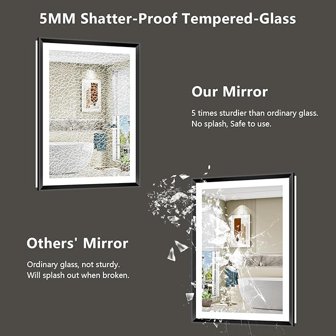 24x36 Black Framed LED Bathroom Mirror with Lights, Backlit and Front Light, Lighted Bathroom Vanity Mirror for Wall Dimmable Anti-Fog Memory Tempered Glass Horizontal/Vertical