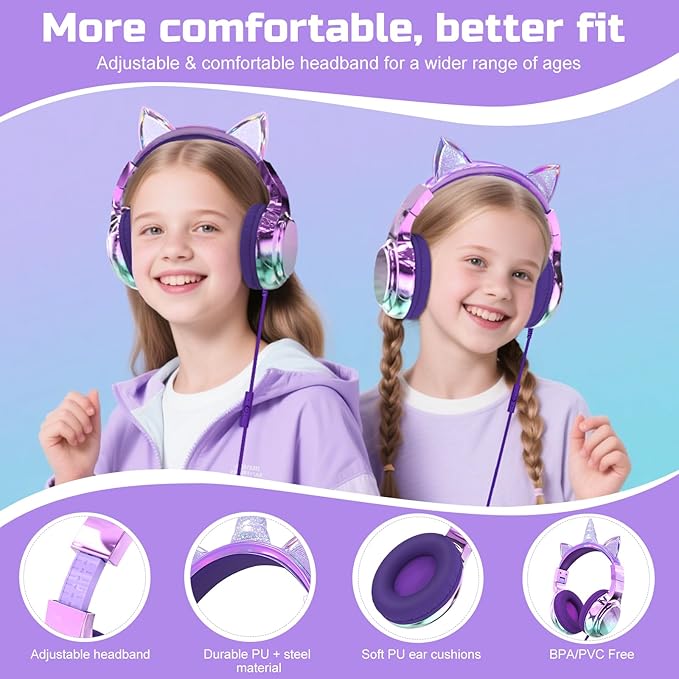 QearFun Kids Cat Ear Headphones Wired with Mic, 85/94dB Safe Volume Limit, Sparkly Wired Headset, Foldable, Sharing Port & Tangle-Free Cord for School, Chromebook, Tablet, Travel, Boys & Girls