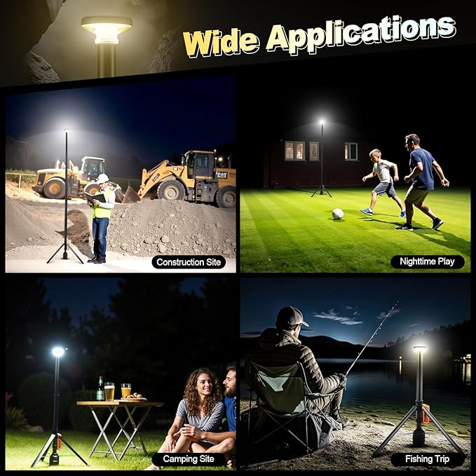 SYLSTAR 360Β° Rechargeable Work Light with Remote &Telescopic Stand (8.4Ft), 3000LM Ultra Bright 3CCT Dimmable, 6000mAh Battery, Portable Camping Light for Jobsite Workshop Sports Emergencies